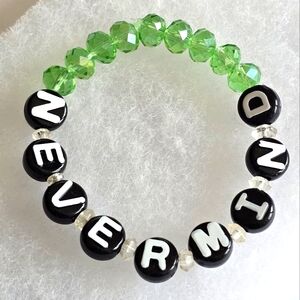 Handmade "Nevermind" bracelet green beaded grunge word jewelry music
